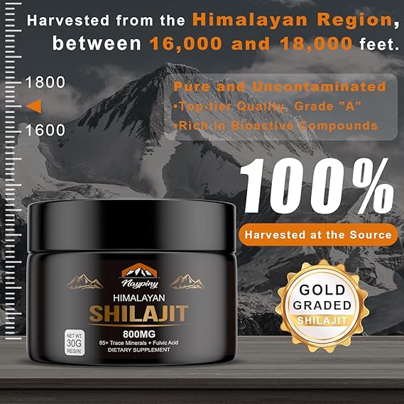 Shilajit Pure Himalayan Organic Resin - 800mg Gold Grade Shilajit Resin with Fulvic Acid & 85+ Trace Minerals Complex for Energy, Strength & Immunity, Shilajit for Men & Women, 800mg