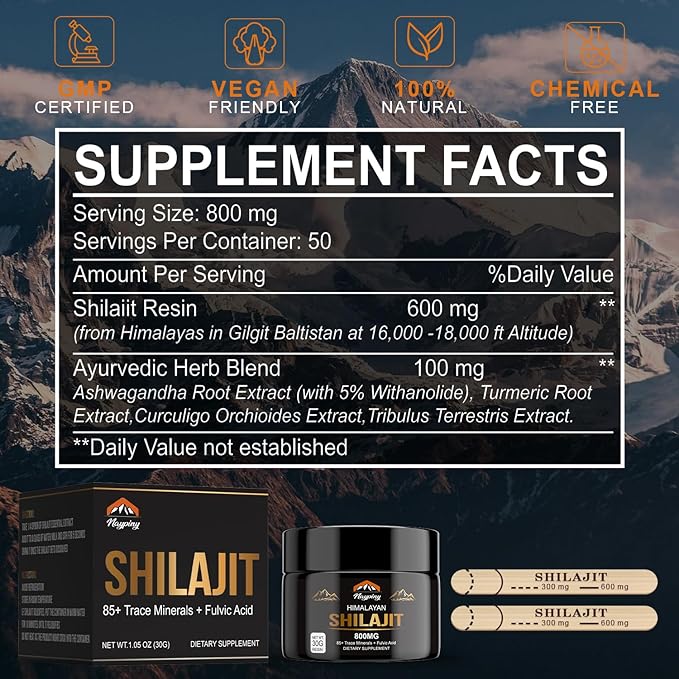 Shilajit Pure Himalayan Organic Resin - 800mg Gold Grade Shilajit Resin with Fulvic Acid & 85+ Trace Minerals Complex for Energy, Strength & Immunity, Shilajit for Men & Women, 800mg